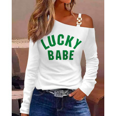 Lucky Babe Print Cold Shoulder Top - white