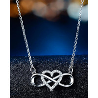 Lucky Eight & Heart Studded Pendant Chain Necklace - silver