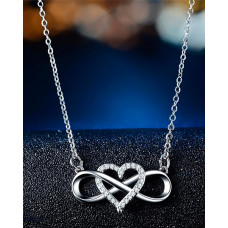 Lucky Eight & Heart Studded Pendant Chain Necklace - silver