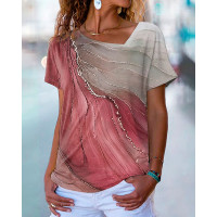 Marble Print Asymmetrical Neck Short Sleeve T-Shirt - pink