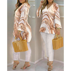 Marble Print Bell Sleeve V-Neck Casual Top & Pants Set - Apricot