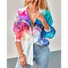 Marble Print Buttoned Long Sleeve Shirt - white