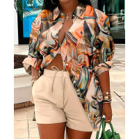 Marble Print Buttoned Top & Drawstring Shorts Set - Apricot