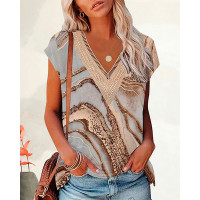 Marble Print Contrast Lace Casual T-shirt - Apricot