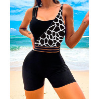 Marble Print Contrast Mesh One-Piece Swimsuit - black