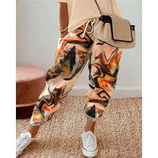 Marble Print Drawstring Cuffed Pants - Apricot