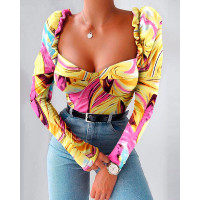 Marble Print Frill Hem Puff Sleeve Top - Multicolor