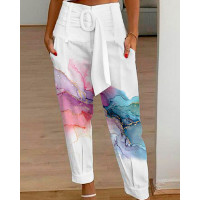 Marble Print High Waist Belted Pocket Design Pants - Multicolor