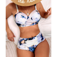 Marble Print High Waist Halter Bikini Set - style3