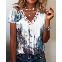 Marble Print Lace Trim Casual T-shirt - white