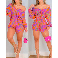 Marble Print Lantern Sleeve Shirt & Shorts Set - Multicolor