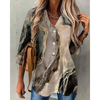 Marble Print Long Sleeve Button Down Shirt - khaki