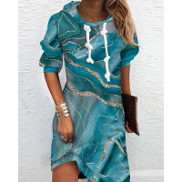 Marble Print Long Sleeve Hooded Sweatshirt Dress - blue