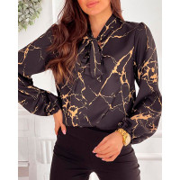 Marble Print Long Sleeve Tie Neck Top - black