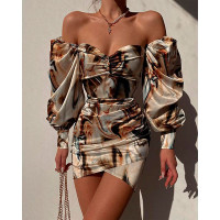 Marble Print Off Shoulder Ruched Bodycon Dress - Multicolor