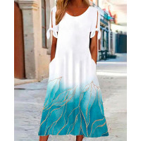 Marble Print Ombre Pocket Design Casual Dress - white