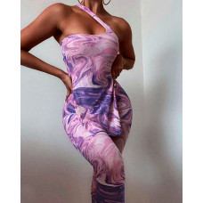 Marble Print One Shoulder Slit Top & Skinny Pants Set - purple