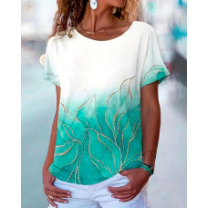 Marble Print Round Neck Short Sleeve T-Shirt - green