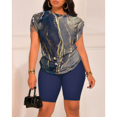 Marble Print Round Neck T-shirt & Shorts Set - blue