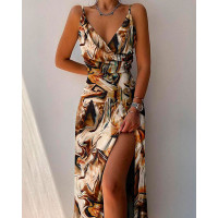 Marble Print Spaghetti Strap Slit Dress - khaki