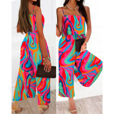 Marble Print Spaghetti Strap Wide Leg Jumpsuit - Multicolor