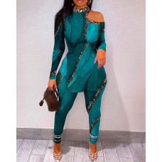 Marble Print Split Hem Cold Shoulder Top & Pants Set - green