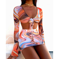 Marble Print Tied Detail Bell Sleeve Cover Up Set - Multicolor