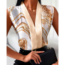Marble Print V-Neck Casual Top - khaki
