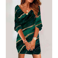 Marble Print V-Neck Long Sleeve Casual Dress - green