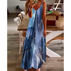 Marble Print V-Neck Sleeveless Maxi Dress - blue