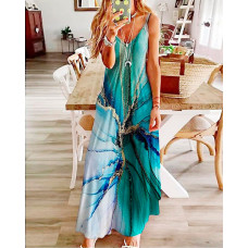 Marble Print V-Neck Spaghetti Strap Maxi Dress - blue