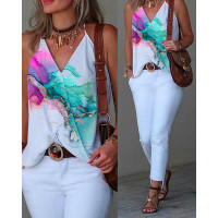 Marble Print Wrap Halter Tank Top - white