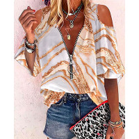 Marble Print Zip Front Cold Shoulder Top - khaki