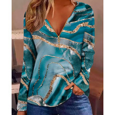 Marble Print Zip Front Long Sleeve Top - green