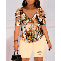 Marble Print Zipper Design Top & Cutout Shorts Set - Apricot