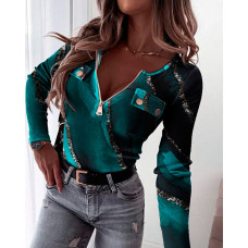 Marble Print Zipper Front Long Sleeve Top - green