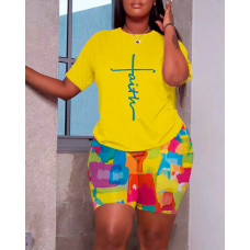 Melting Colors All-over Print Casual Top & Colorblock Shorts Set - yellow