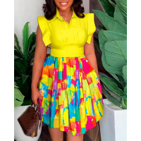 Melting Colors All Over Print Flutter Sleeve Pleated Casual Dress - yellow