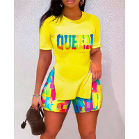 Melting Colors All-over Print Split Hem Top & Shorts Set - yellow