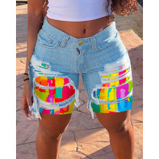 Melting Colors Print Colorblock Patchwork Denim Shorts - blue