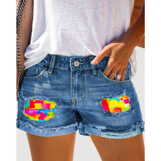 Melting Colors Print Patchwork Ripped Denim Shorts - blue