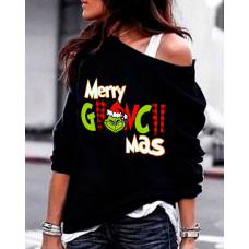 Merry Christmas Graphic Print Long Sleeve Sweatshirt - black