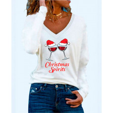 Merry Christmas Wine Glass Print Long Sleeve Top - white