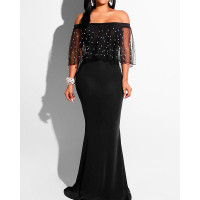 Mesh Beading Embellished Off Shoulder Maxi Dress - black