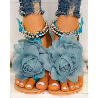 Mesh Floral Embellished Beaded Flat Sandals - blue