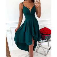 Mesh Insert V-Neck Asymmetrical Party Dress - green