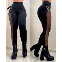 Mesh Patch Buckled High Waist Pants - black