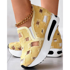 Mesh Patch Denim Raw Hem Muffin Sneakers - yellow