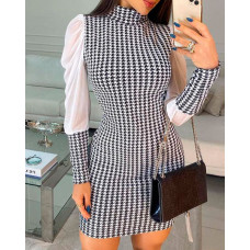 Mesh Patch Houndstooth Print Puff Sleeve Work Dress - black