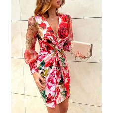 Mesh Puff Lantern Sleeve Twisted Floral Print Dress - Multicolor